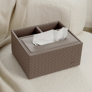 Elegant Gray-Brown / Taupe Woven Tissue Box & Storage Tray Set – Luxury Desktop Organizer