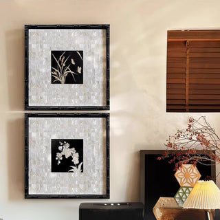 Elegant Orchid Wall Art | Mother of Pearl Inlay & Black Frame | Square Floral Décor