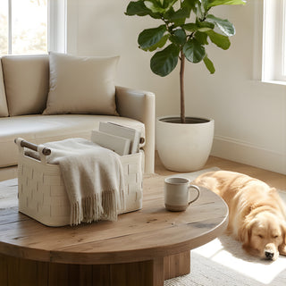 Equestrian Woven Leather Basket | Solid Wood Handles | Blanket & Magazine Storage