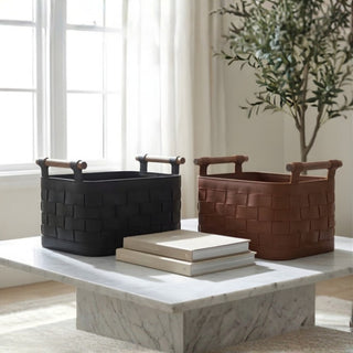 Equestrian Woven Leather Basket | Solid Wood Handles | Blanket & Magazine Storage