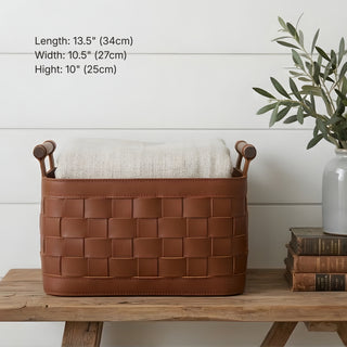 Equestrian Woven Leather Basket | Solid Wood Handles | Blanket & Magazine Storage