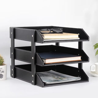 Executive Leather 3‑Tier Letter Tray | Stackable Document Organizer | CEO Office Accessory