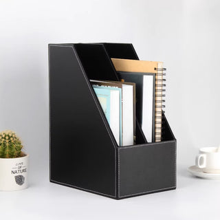 Executive Leather File Organizer | Vertical 2-Section Desk Organizer | Business-Grade Magazine Rack