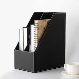 Executive Leather File Organizer | Vertical 2-Section Desk Organizer | Business-Grade Magazine Rack