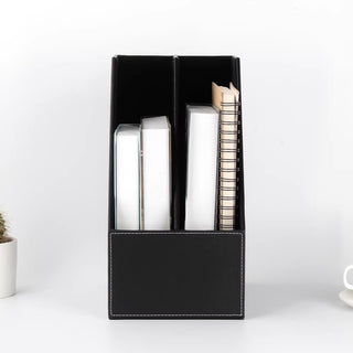 Executive Leather File Organizer | Vertical 2-Section Desk Organizer | Business-Grade Magazine Rack