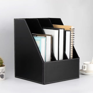 Executive Leather File Organizer | Vertical 3-Section Desk Organizer | Business-Grade Magazine Rack