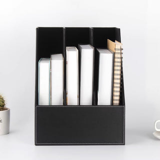 Executive Leather File Organizer | Vertical 3-Section Desk Organizer | Business-Grade Magazine Rack