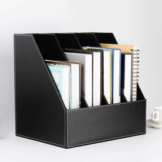 Executive Leather File Organizer | Vertical 4-Section Desk Organizer | Business-Grade Magazine Rack