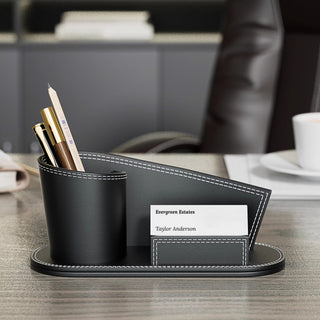 Executive Leather Pen Cup & Business Card Holder Valet Tray | CEO Office & Hotel Desk