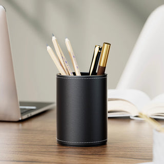 Executive Leather Pen Holder | Round Pencil Cup | CEO Office & Hotel Desk