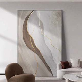 Hand-Painted Fluid Abstract Wall Art with Gold Accents | Neutral Earth Tone | Modern Minimalist Décor