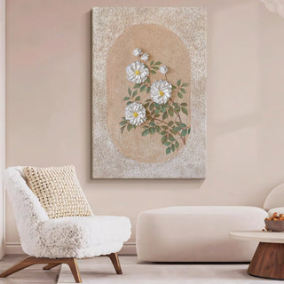 Hand-Painted Floral Wall Painting with Oval Motif | Handcrafted Panel with Elegant White Flowers