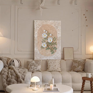 Hand-Painted Floral Wall Painting with Oval Motif | Handcrafted Panel with Elegant White Flowers