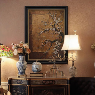 Hand-Painted Traditional Blossom Tree Spring Bloom Wall Art | Classic Black Framed