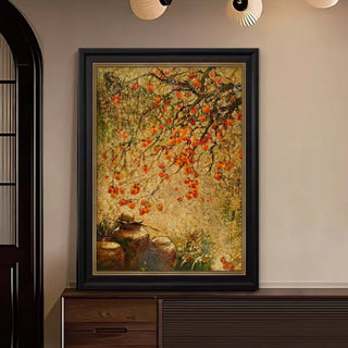 Hand-Painted Traditional Persimmon Tree Wall Art | Classic Black Framed