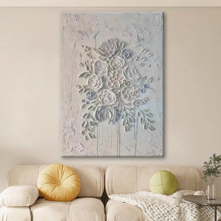 Hand-Sculpted Luxury 3D Floral White Relief Flower Wall Art | Impasto Bouquet Design