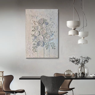 Hand-Sculpted Luxury 3D Floral White Relief Flower Wall Art | Impasto Bouquet Design