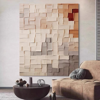 Hand-painted 3D Textured Impasto Geometric Wall Art | Mixed Neutral Tones & Accent | Modern Abstract Blocks