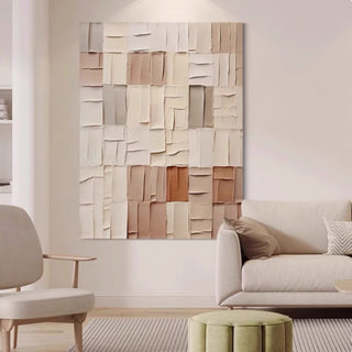 Hand-painted 3D Textured Impasto Geometric Wall Art | Mixed Neutral Tones & Accent | Modern Abstract Blocks