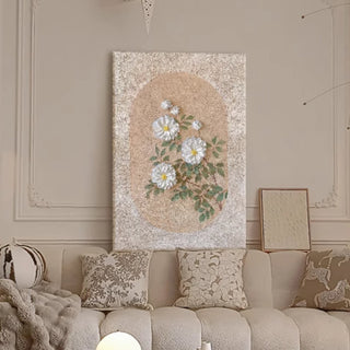 Hand-Painted Floral Wall Painting with Oval Motif | Handcrafted Panel with Elegant White Flowers