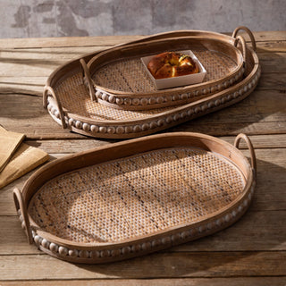 Handwoven Nesting Oval Woven Trays | Natural Rattan awith Handles | Versatile Rustic Serving
