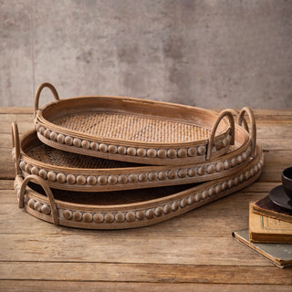 Handwoven Nesting Oval Woven Trays | Natural Rattan awith Handles | Versatile Rustic Serving