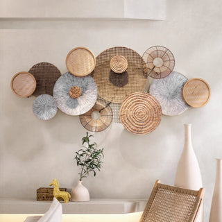 Handwoven Rattan & Wood Circle 3D Wall Art  | Natural Rustic Chic Hand-Braided Textured Décor