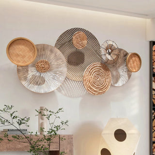 Handwoven Rattan & Wood Circle 3D Wall Art  | Natural Rustic Chic Hand-Braided Textured Décor