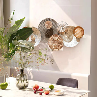 Handwoven Rattan & Wood Circle 3D Wall Art  | Natural Rustic Chic Hand-Braided Textured Décor