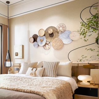 Handwoven Rattan & Wood Circle 3D Wall Art  | Natural Rustic Chic Hand-Braided Textured Décor