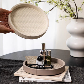 Intrecciato Leather Round Tray | Woven Valet  & Catchall | Ivory or Taupe