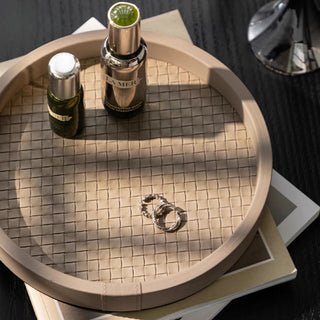 Intrecciato Leather Round Tray | Woven Valet  & Catchall | Ivory or Taupe