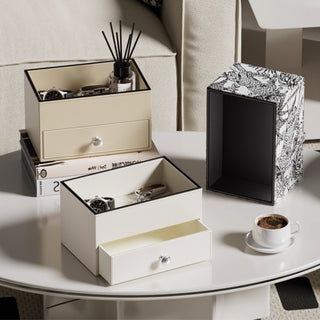 Jewelry & Cosmetic Organizer with Drawer | Elegant White / Beige & Black Trim Organizer