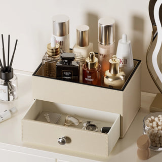 Jewelry & Cosmetic Organizer with Drawer | Elegant White / Beige & Black Trim Organizer