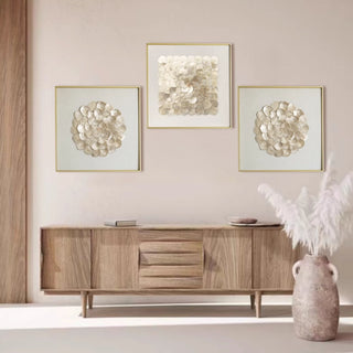 Luxury 3D Handcrafted Natural Shell Wall Art | Champagne Gold Framed | Square & Circle Shell Wall Décor