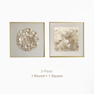 Luxury 3D Handcrafted Natural Shell Wall Art | Champagne Gold Framed | Square & Circle Shell Wall Décor