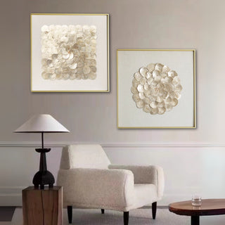 Luxury 3D Handcrafted Natural Shell Wall Art | Champagne Gold Framed | Square & Circle Shell Wall Décor