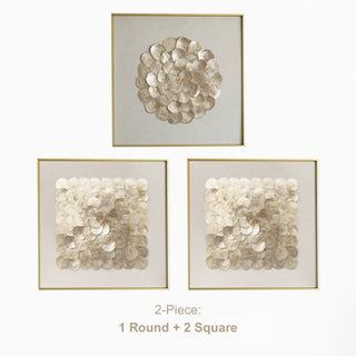 Luxury 3D Handcrafted Natural Shell Wall Art | Champagne Gold Framed | Square & Circle Shell Wall Décor