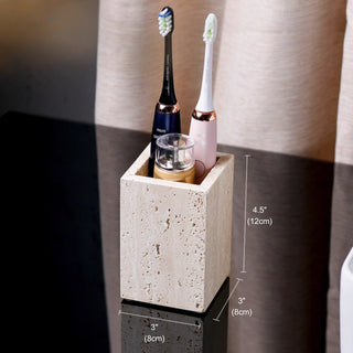 Luxury Bathroom Counter Beige Travertine Stone Organizer Set | Spa-Inspired Toiletries Tray, Liquid Soap Dispenser & Tumbler Set