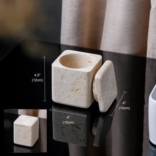 Luxury Bathroom Counter Beige Travertine Stone Organizer Set | Spa-Inspired Toiletries Tray, Liquid Soap Dispenser & Tumbler Set