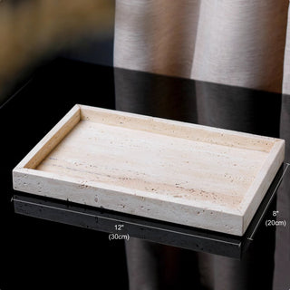 Luxury Bathroom Counter Beige Travertine Stone Organizer Set | Spa-Inspired Toiletries Tray, Liquid Soap Dispenser & Tumbler Set