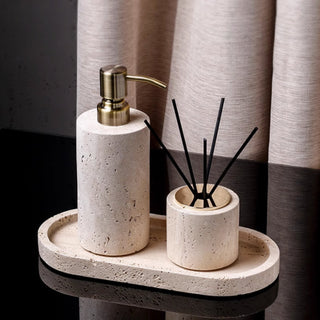 Luxury Bathroom Counter Beige Travertine Stone Organizer Set | Spa-Inspired Toiletries Tray, Liquid Soap Dispenser & Tumbler Set