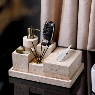 Luxury Bathroom Counter Beige Travertine Stone Organizer Set | Spa-Inspired Toiletries Tray, Liquid Soap Dispenser & Tumbler Set