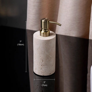 Luxury Bathroom Counter Beige Travertine Stone Organizer Set | Spa-Inspired Toiletries Tray, Liquid Soap Dispenser & Tumbler Set