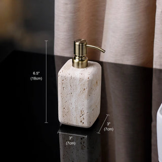 Luxury Bathroom Counter Beige Travertine Stone Organizer Set | Spa-Inspired Toiletries Tray, Liquid Soap Dispenser & Tumbler Set