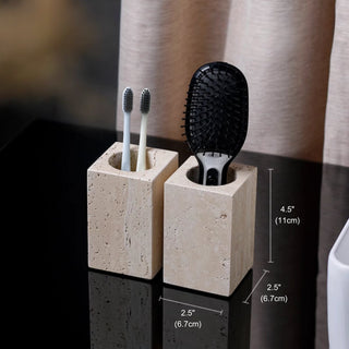 Luxury Bathroom Counter Beige Travertine Stone Organizer Set | Spa-Inspired Toiletries Tray, Liquid Soap Dispenser & Tumbler Set