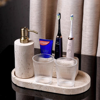 Luxury Bathroom Counter Beige Travertine Stone Organizer Set | Spa-Inspired Toiletries Tray, Liquid Soap Dispenser & Tumbler Set
