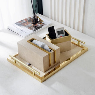 Luxury Beige Leather Desk Organizer Tray Set | Golden Iron Edge