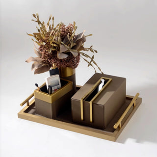 Luxury Brown Leather & Gold Accent Organizer Set | Desktop Storage Solution