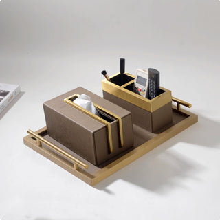 Luxury Brown Leather & Gold Accent Organizer Set | Desktop Storage Solution